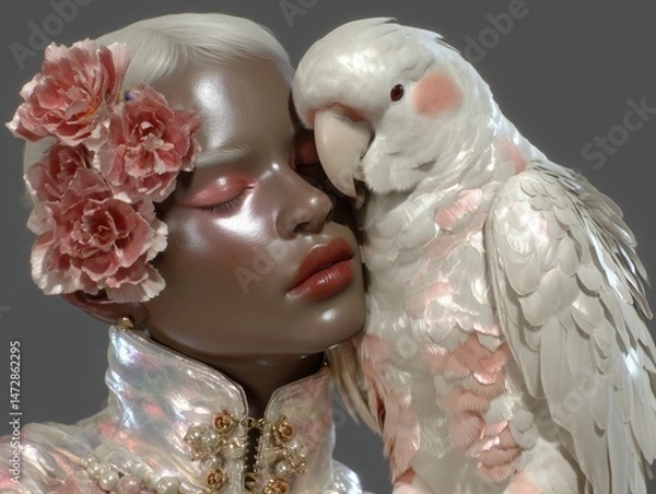 Obraz Elegant woman with pink carnations in hair poses intimately with white cockatoo parrot, wearing pearls in dreamy, soft-lit portrait.