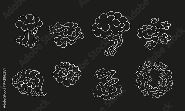 Fototapeta Eight variations of hand-drawn smoke and explosions. Doodles and squiggles. Vector set