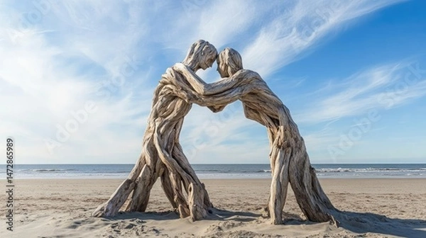 Fototapeta Driftwood scattered along a tranquil beach naturally arranged to form the shape of two loving figures leaning into each other
