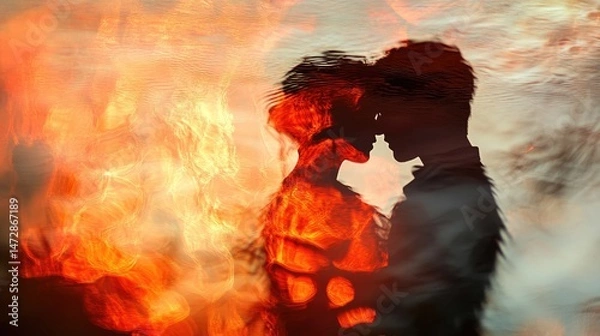 Fototapeta Glowing reflections of a distant fire on rippling water