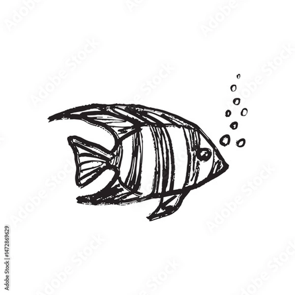 Fototapeta Butterfly fish with bold stripes, flowing fins, and bubbles in black brush stroke texture isolated on white. Hand drawn vector sketch illustration in vintage charcoal ink. Marine underwater, diving.