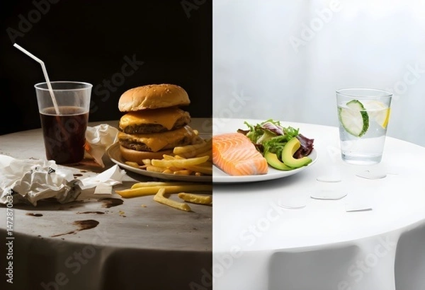 Fototapeta Conceptual comparison between unhealthy fast food and clean healthy meal with salmon, avocado and salad. Junk food versus healthy lifestyle. Healthy diet choices. 