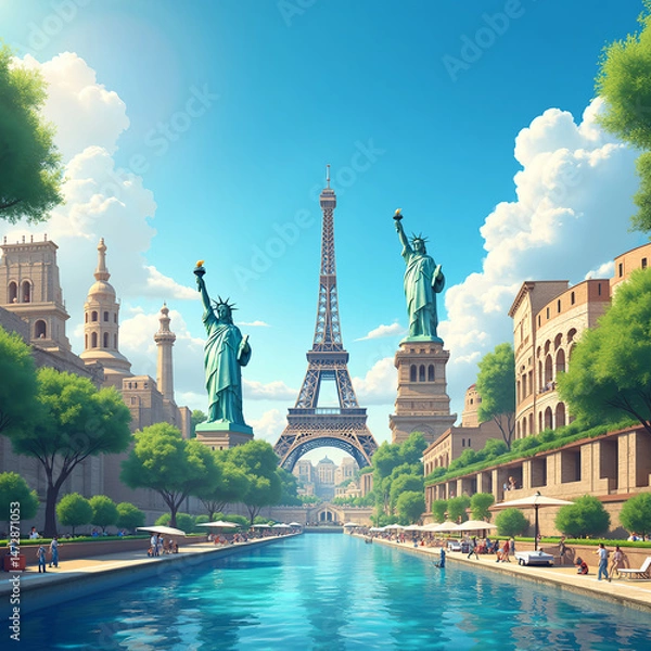 Obraz Bright colorful illustrations of famous global landmarks 