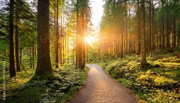 Fototapeta sunset pathway in a serene forest