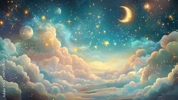 Fototapeta Dreamy celestial nightscape featuring clouds, moons, and sparkling stars