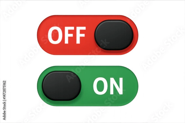 Fototapeta Red and green switch button with the words 'off' and on isolated on transparent background.