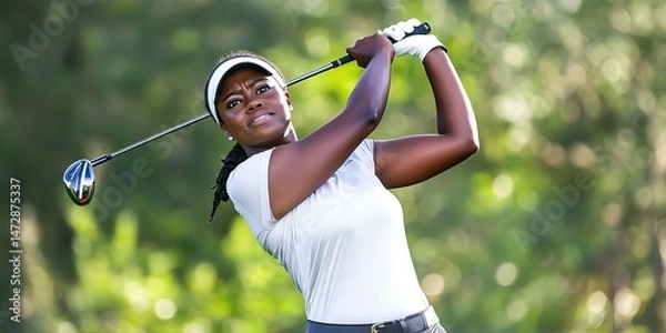 Fototapeta action photo of black female golfer swinging club