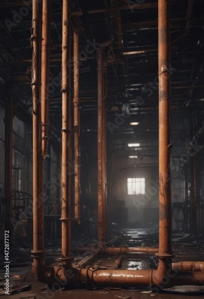 Fototapeta Rusty pipes drip in a dimly lit, abandoned factory  ,  metal,  factory,  weathered