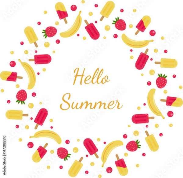 Obraz Banana strawberry popsicle round frame. Yellow red popsicle bubbles  and fruits round border. Summer vector illustration.