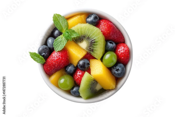 Obraz PNG Refreshing fruit salad with kiwi, strawberries, and blueberries in white bowl