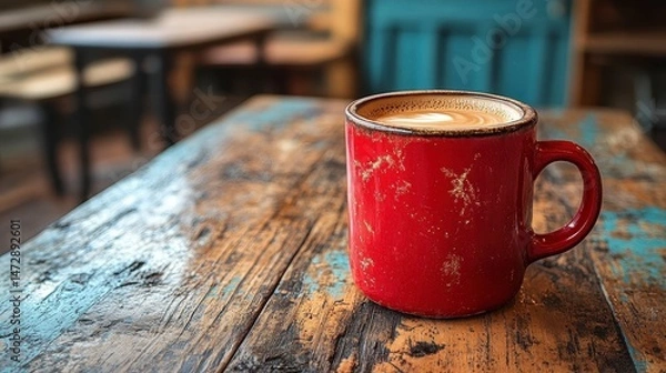 Obraz Red mug with latte art sits on a rustic wood table in a cozy cafe setting