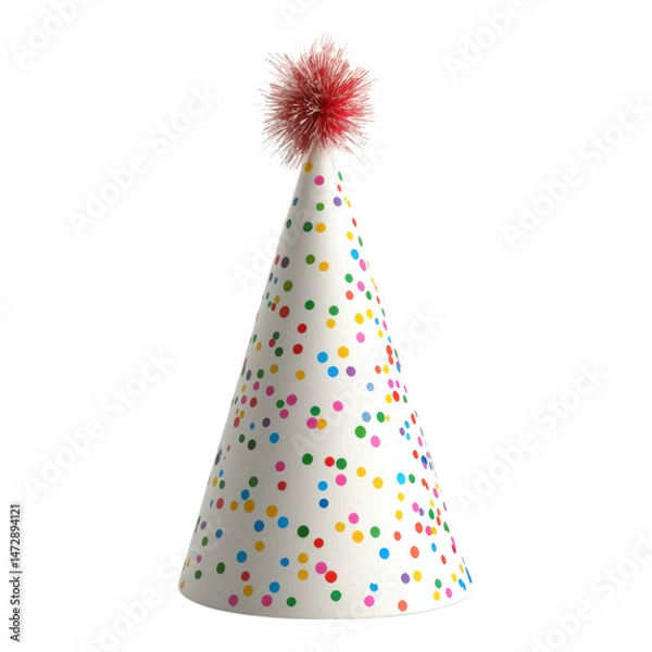 Fototapeta Colorful polka dot party hat with a red pom-pom on top.