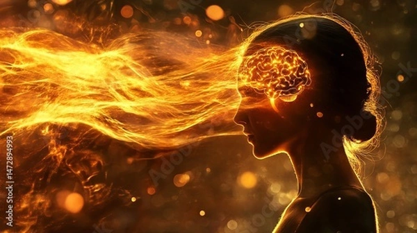 Obraz Fiery abstract portrait of a woman with illuminated brain and flowing golden hair art fire mind head