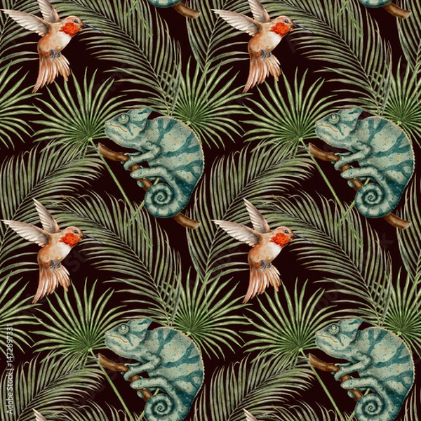 Fototapeta Chameleon, hummingbird with tropical leaves palm seamless pattern watercolor illustration on black. Template for textile, fabric, wallpaper, card, packaging, party.