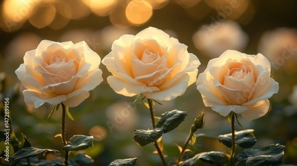 Fototapeta Three roses. Blooms glow warmly amid a green field under softly blurred, golden light