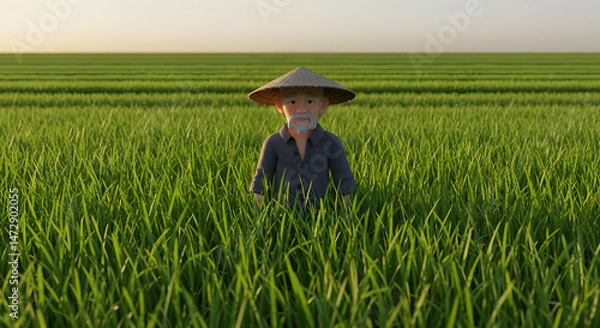 Fototapeta 3d render of farmer in rice field