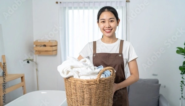 Fototapeta 洗濯物を運ぶ主婦・家事をする日本人女性