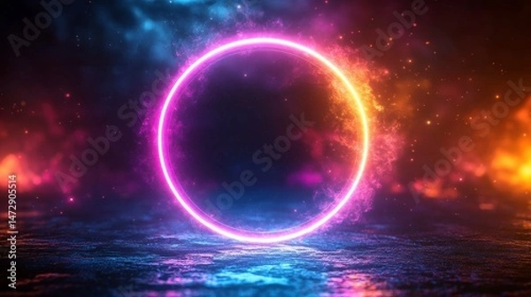Fototapeta Glowing ring floats above dark, reflective surface, surrounded by colorful, ethereal smoke