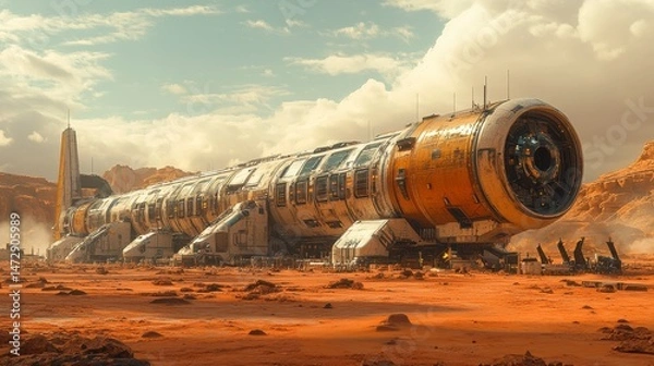 Fototapeta Giant vessel in desert landscape, cylindrical structure with windows, against bright cloudy sky