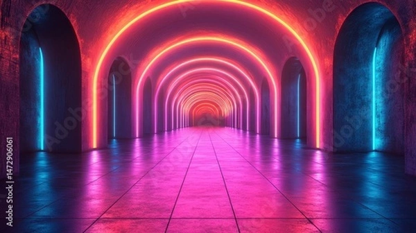 Fototapeta Neon archway glows with pink & blue hues in a concrete hallway leading to an unknown destination