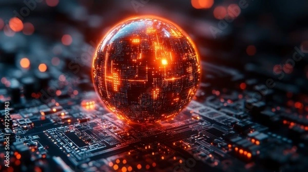 Fototapeta Glowing sphere atop intricate circuitry, emitting warm orange light with scattered bokeh
