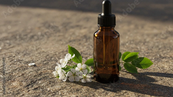 Obraz Essential oil bottle placed on stone background with flowers  