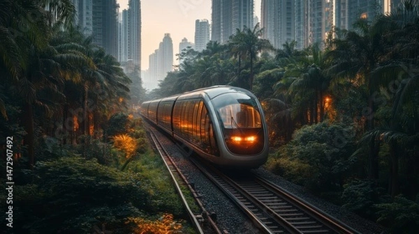 Fototapeta Modern train traversing lush foliage against a backdrop of urban buildings