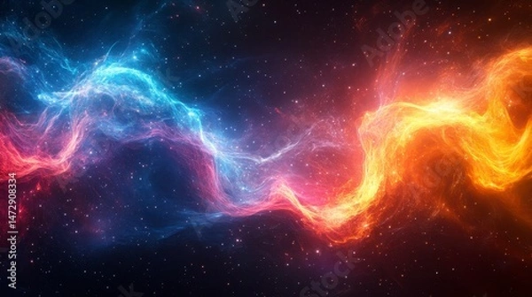 Fototapeta Cosmic Nebula A colorful, wavy nebula, divided into blue and orange regions, filled with stars