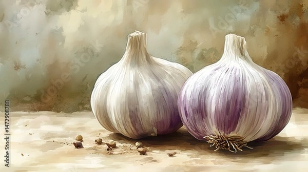 Fototapeta Two garlic bulbs, one purple, on a tan surface against a painterly beige background
