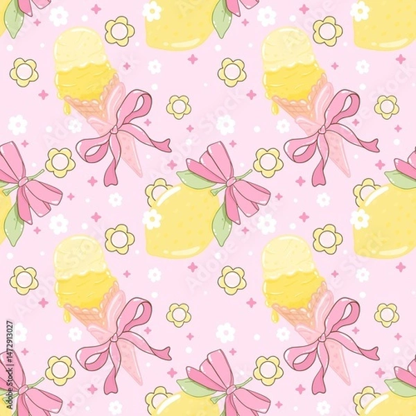 Fototapeta Seamless Lemon Ice Cream and Bows Pattern in Coquette Style. Cute Coquette Yellow Lemon Seamless Design