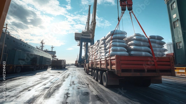 Obraz Ship Crane Lifting Sugar Bags Cargo from Truck to Ship Hold at Seaport Terminal for Export

