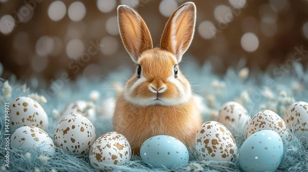 Obraz Easter bunny sits amidst eggs, fluffy nest, and bokeh background, creating festive ambiance