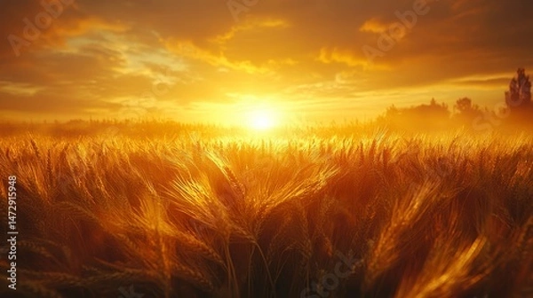Fototapeta Golden wheat field at sunset, distant structure, soft light