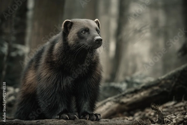 Obraz Wild Wolverine in pine forest facing camera