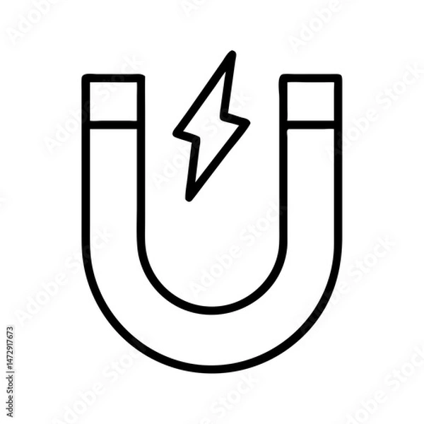Obraz black and white icon of horseshoe magnet with lightning bolt symbol, minimal outline warning for magnetic or electromagnetic field hazard, isolated vector illustration