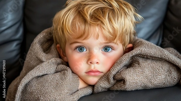 Fototapeta A young Caucasian boy with bright blue eyes wrapped in a cozy brown blanket, looking contemplative and serene.