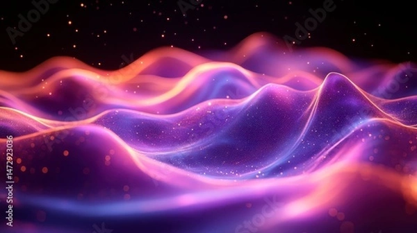 Obraz Abstract wavy forms glowing with purple, blue and orange hues, on a dark speckled background