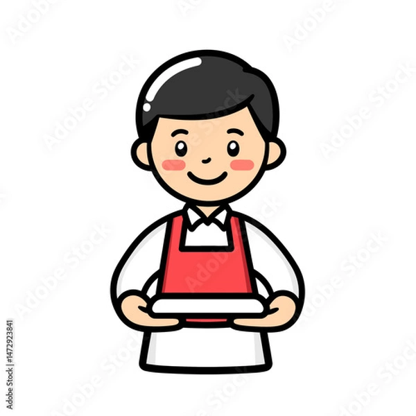 Fototapeta Cartoon waiter character holding a tray in a simple flat design, ready to serve food