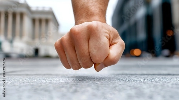 Fototapeta Fist Gesture Over Gray Pavement in Front of the Blurred Building