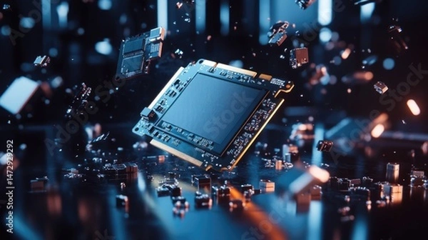 Fototapeta Abstract Futuristic Technology: Circuit Board in Space with Floating Components