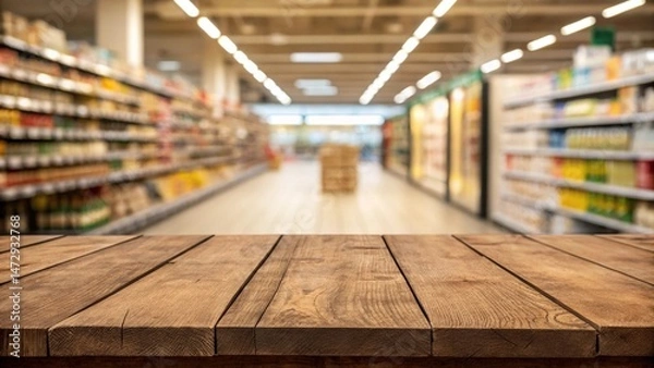 Fototapeta Wooden board, empty table in front of blurred background super market.