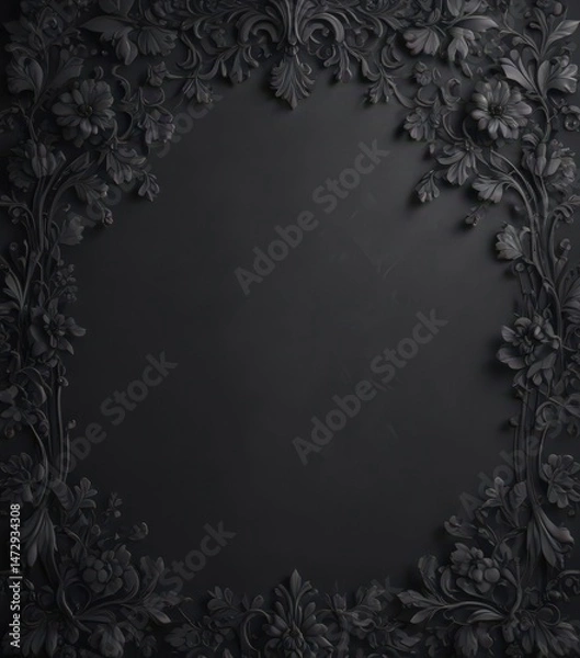 Fototapeta Dark gray background with black damask, intricate floral and foliage  , motif, gothic, home decor