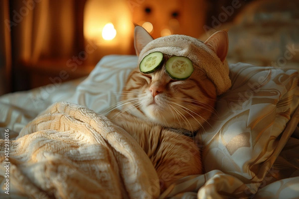 Fototapeta Funny cat relaxing with cucumber slices in cozy spa atmosphere