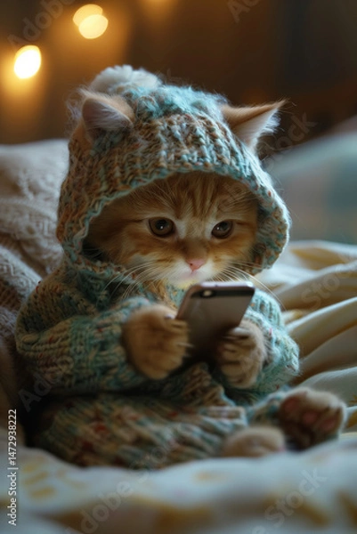 Fototapeta Cute kitten in knitted hoodie using smartphone in cozy bed