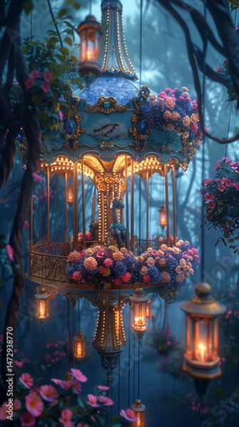 Fototapeta Magical floral carousel lantern glowing in enchanted forest