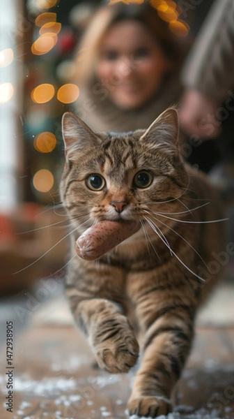 Fototapeta A funny cat runs with a sausage in its mouth during Christmas time