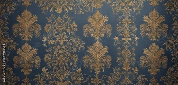 Fototapeta Subtle blue and gold damask; repeating floral design  Elegant backdrop , ornate floral, damask pattern, subtle design