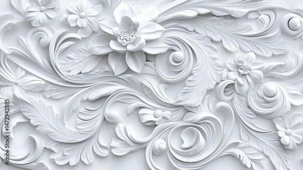Obraz Elegant white floral ornament design baroque style wall texture 3d art home decor motif relief scroll