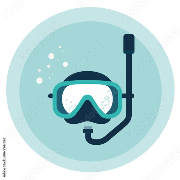 Fototapeta Stylized scuba diving mask illustration with bubbles on a soft turquoise background, representing summer holiday activities and the concept of water sports or diving schools.
