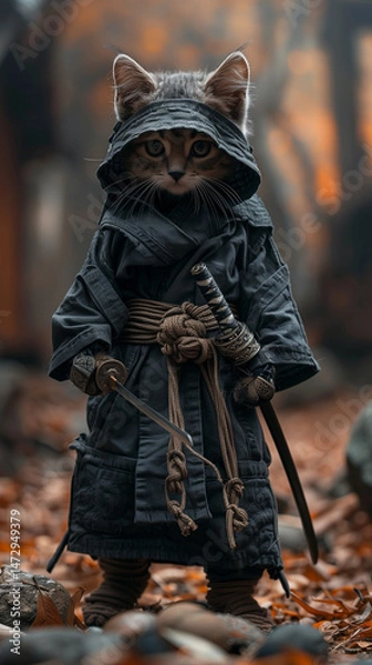 Fototapeta Cat warrior dressed as a ninja with sword in forest setting